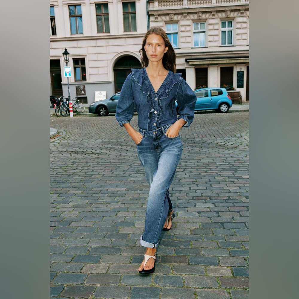 Zara Denim Ruffle Shirt - Picture 2 of 11